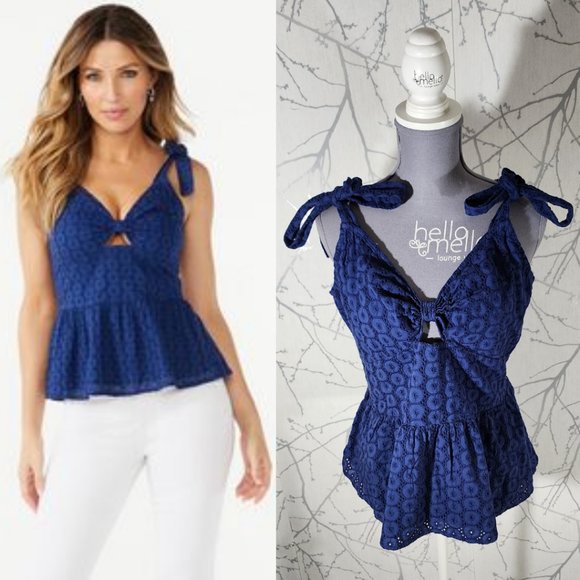 Sofia Jeans Blue Crochet Eyelet Tie Strap Peplum Tank - Picture 1 of 5